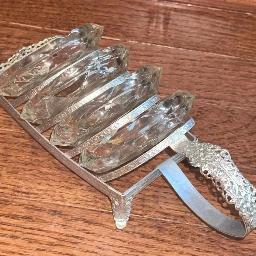 Vintage Mid Century Glass Ashtray & Caddy Set Floral-Like New